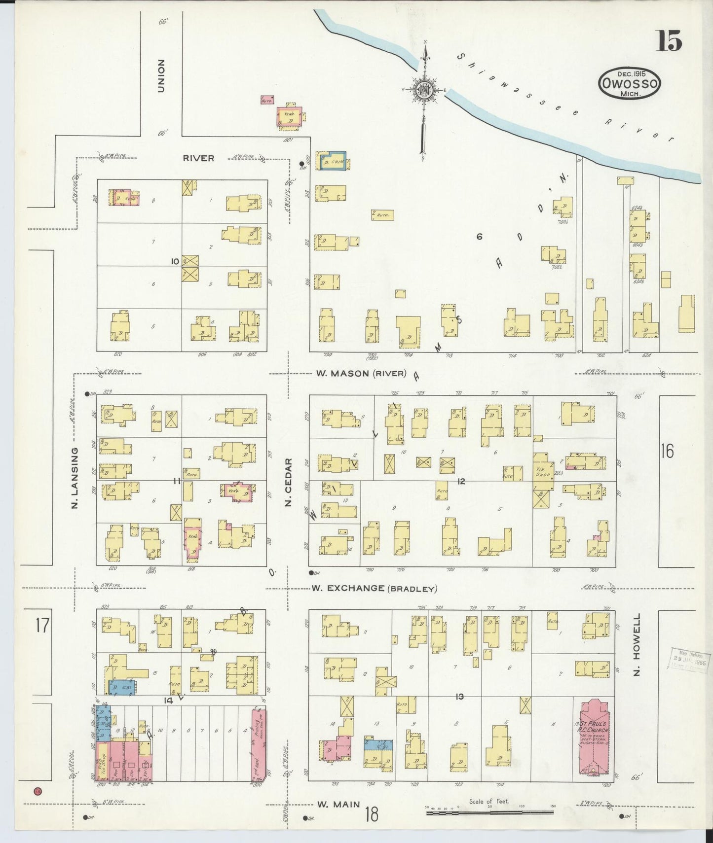 Sanborn Fire Insurance Map from Owosso, Shiawassee County, Michigan (1915), Sheet #0015 - Historic Sanborn Fire Insurance Map Print, vintage old map wall art, antique decor, genealogy gift, Michigan Michigan map