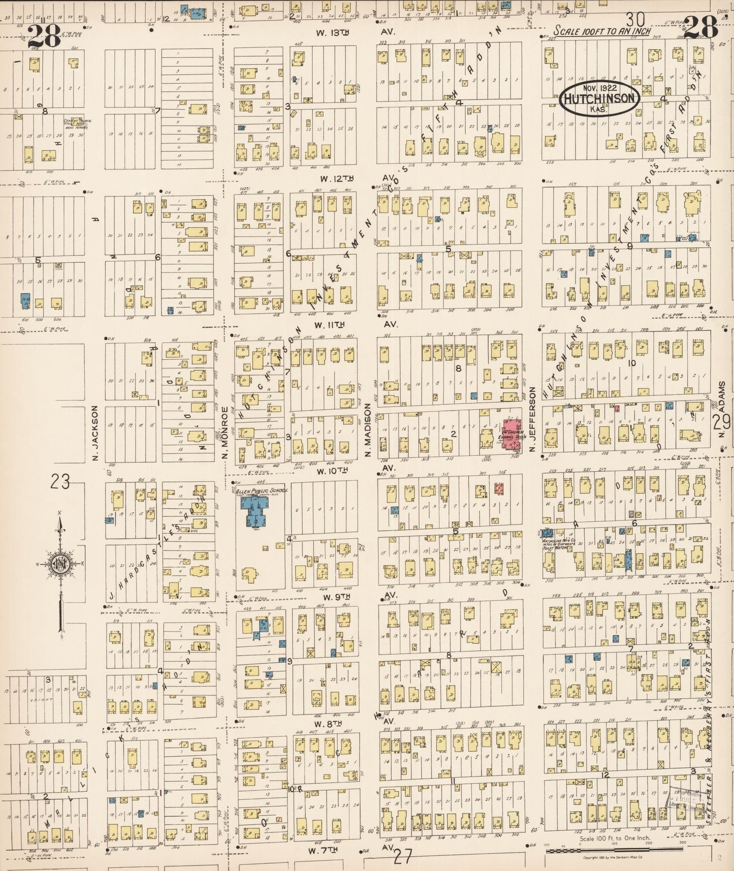 Sanborn Fire Insurance Map from Hutchinson, Reno County, Kansas (1922), Sheet #0029 - Complete Map Set gallery image, historic Sanborn map, vintage wall art, Kansas Kansas