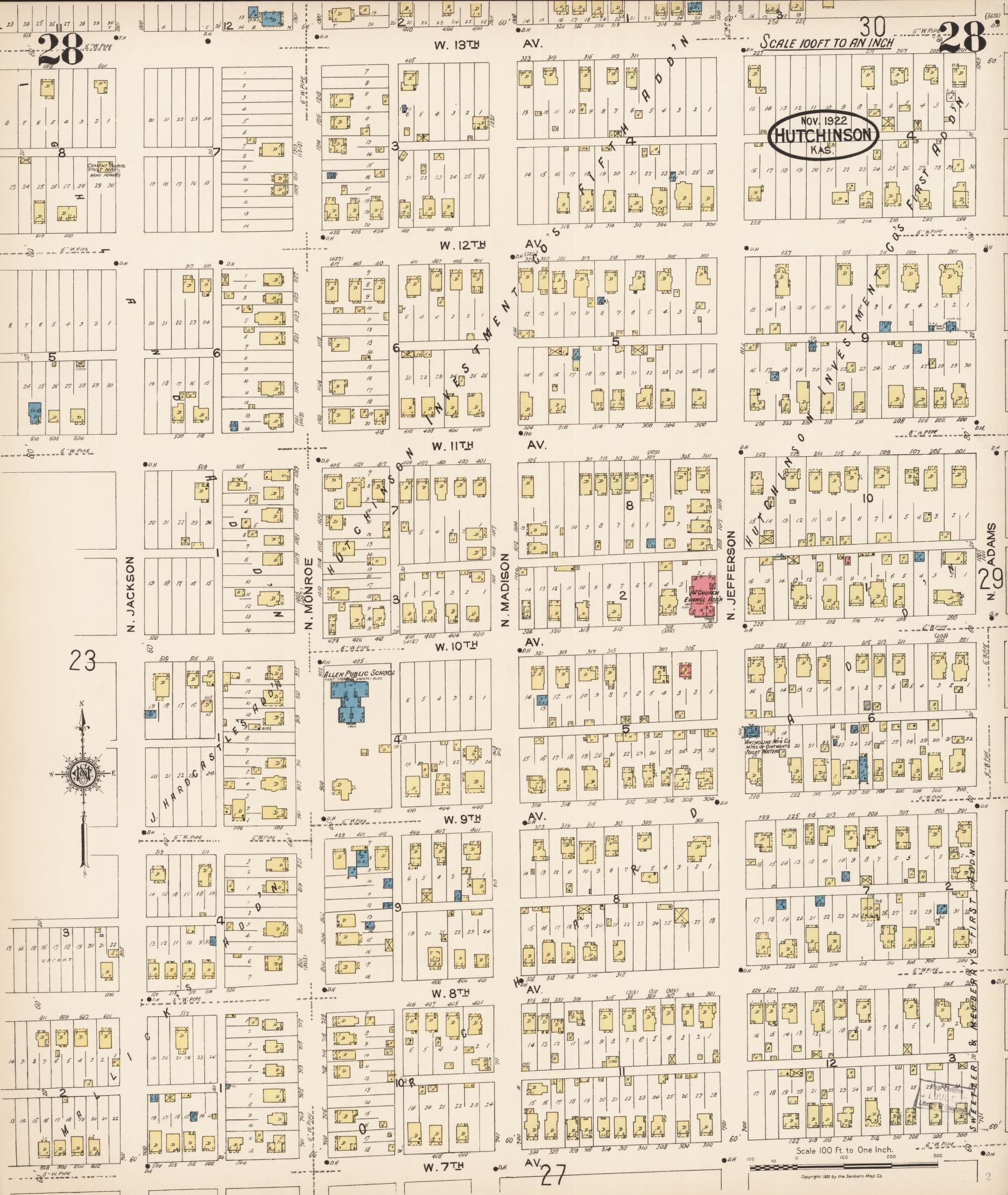 Sanborn Fire Insurance Map from Hutchinson, Reno County, Kansas (1922), Sheet #0029 - Complete Map Set gallery image, historic Sanborn map, vintage wall art, Kansas Kansas