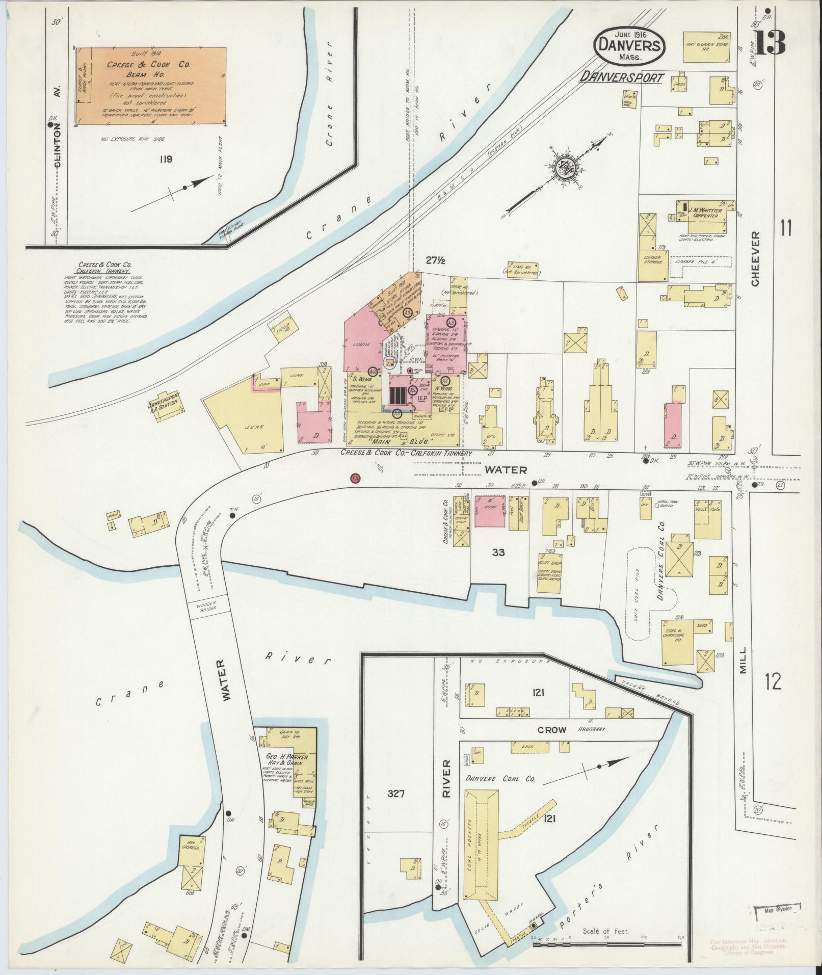 Sanborn Fire Insurance Map from Danvers, Essex County, Massachusetts (1916), Sheet #0013 - Complete Map Set gallery image, historic Sanborn map, vintage wall art, Massachusetts Massachusetts