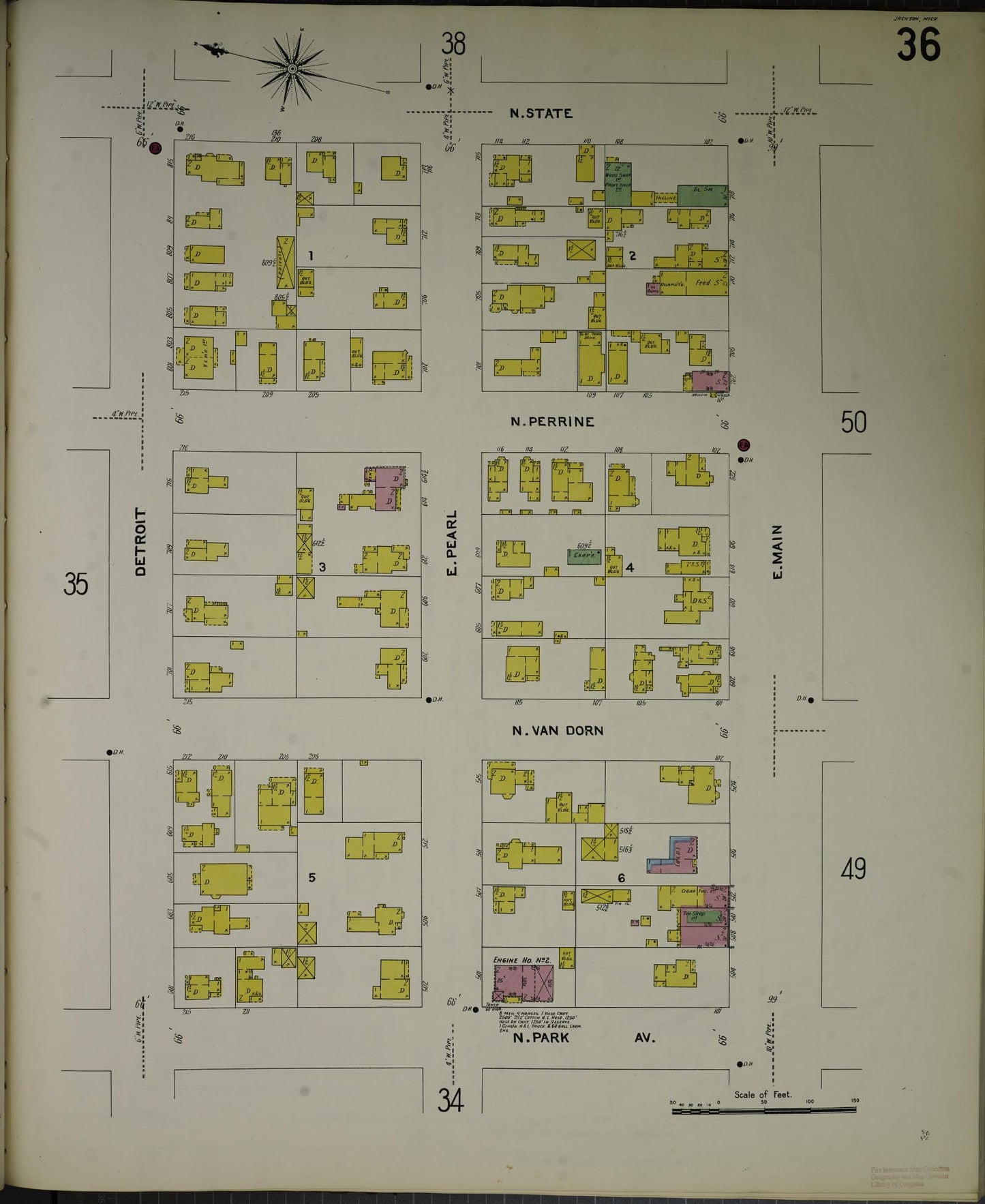 Sanborn Fire Insurance Map from Jackson, Jackson County, Michigan (1907), Sheet #0036 - Complete Map Set gallery image, historic Sanborn map, vintage wall art, Michigan Michigan