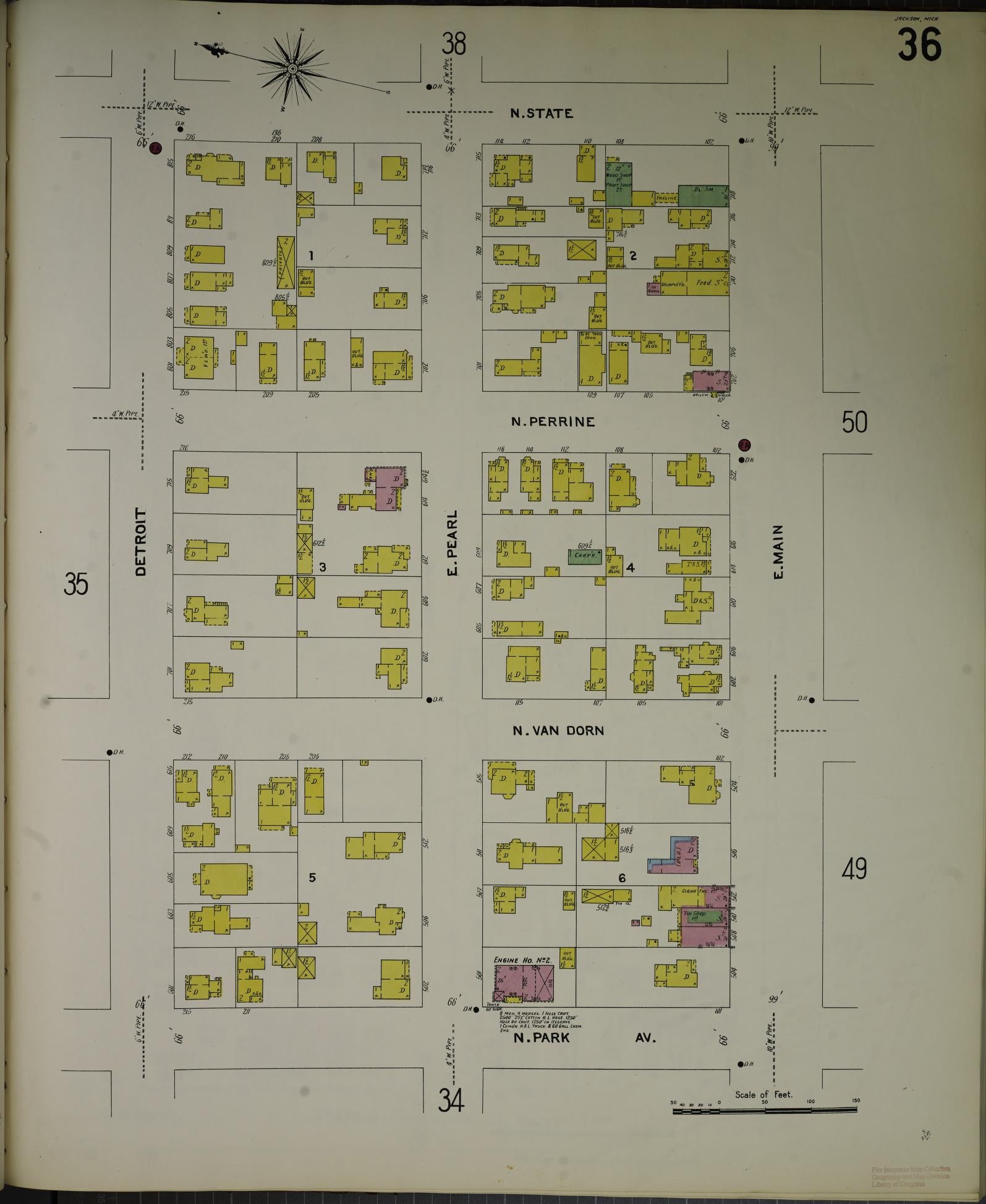 Sanborn Fire Insurance Map from Jackson, Jackson County, Michigan (1907), Sheet #0036 - Complete Map Set gallery image, historic Sanborn map, vintage wall art, Michigan Michigan