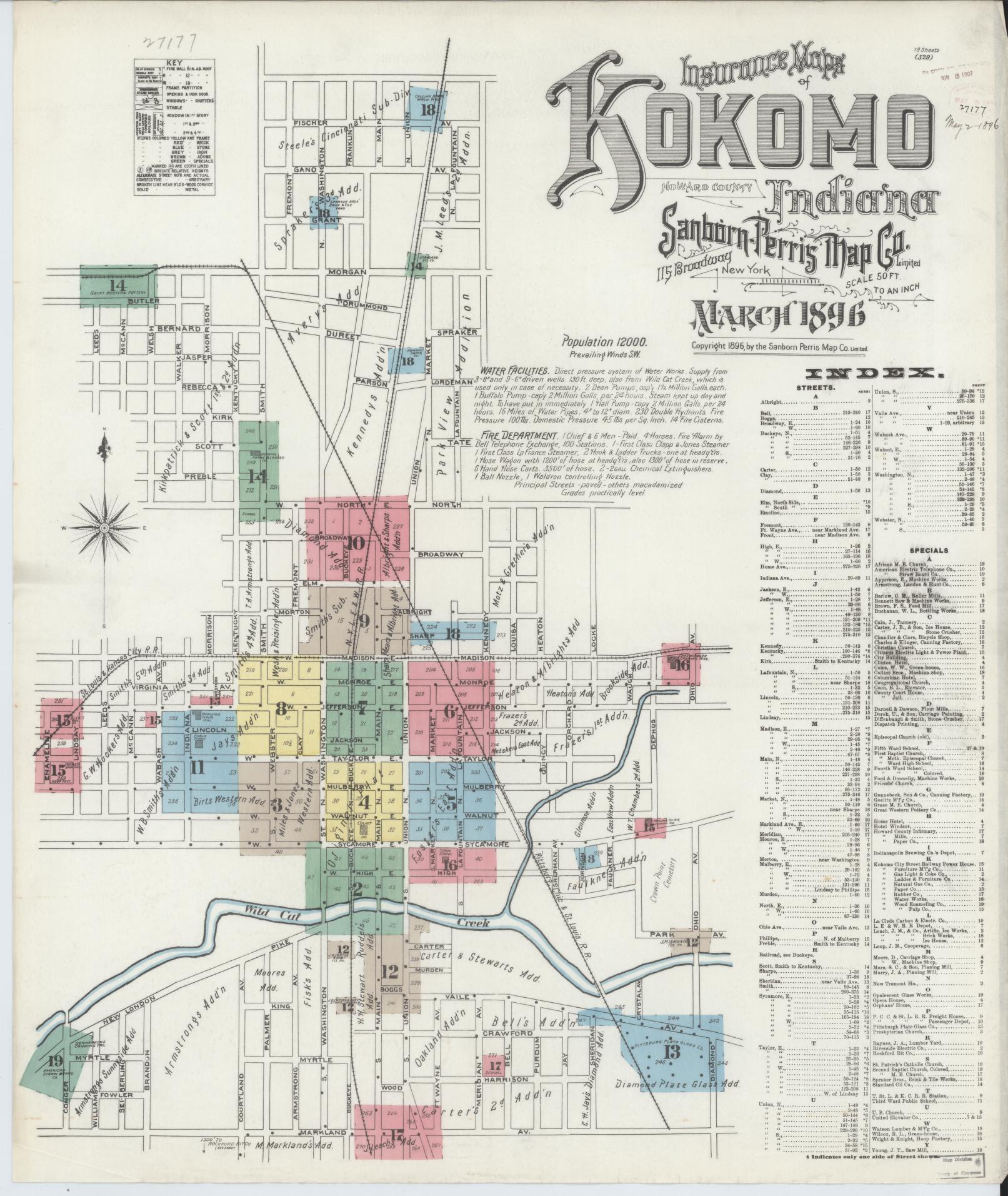 Sanborn Fire Insurance Map from Kokomo, Howard County, Indiana (1896), Sheet #0001 - Complete Map Set gallery image, historic Sanborn map, vintage wall art, Indiana Indiana