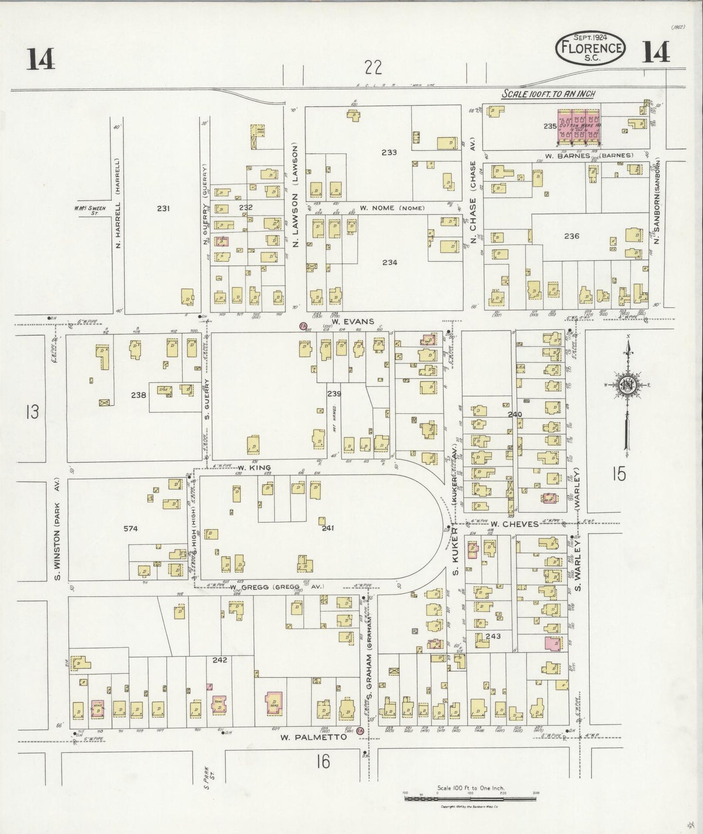 Sanborn Fire Insurance Map from Florence, Florence County, South Carolina (1924), Sheet #0014 - Complete Map Set gallery image, historic Sanborn map, vintage wall art, South Carolina South Carolina