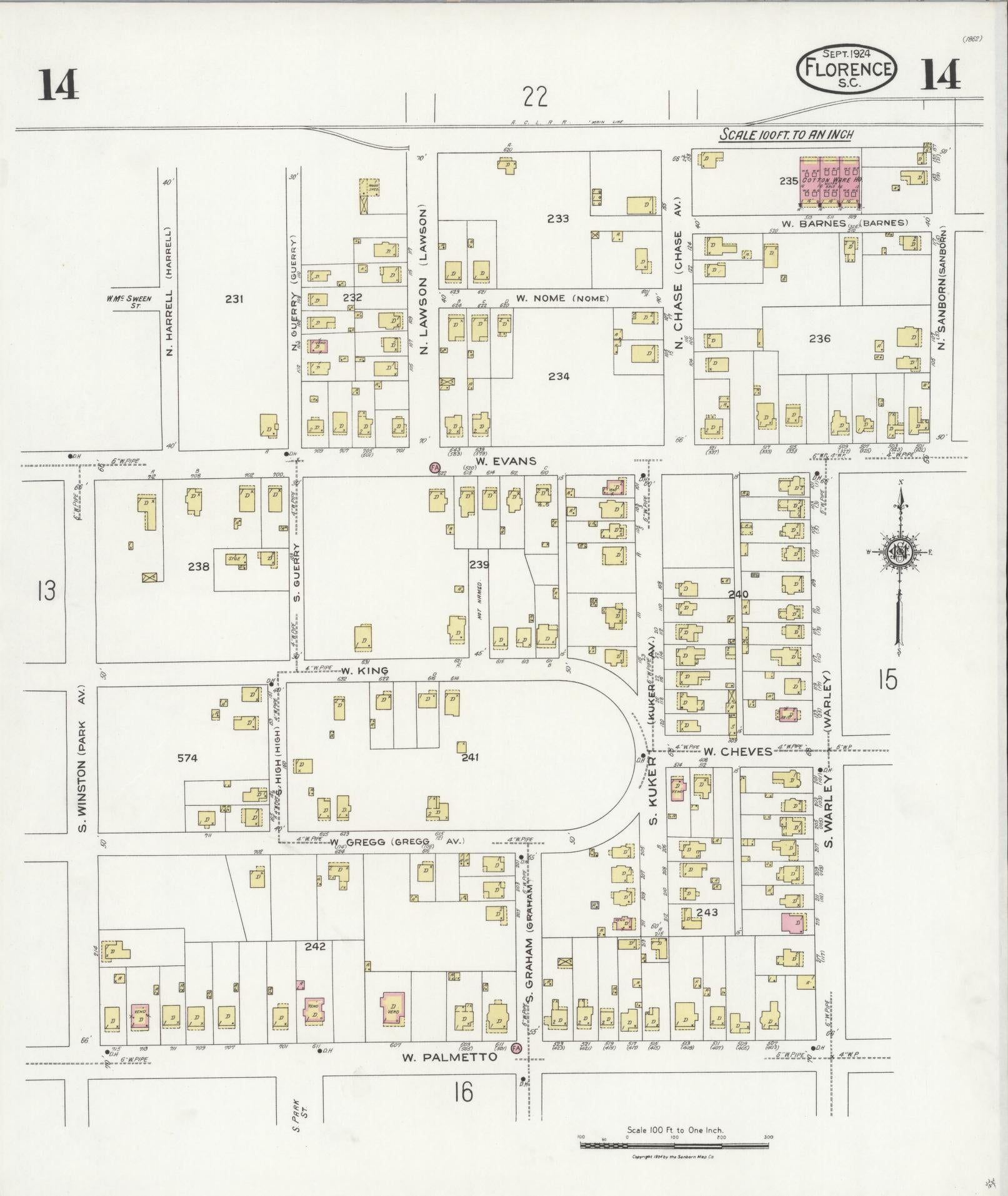 Sanborn Fire Insurance Map from Florence, Florence County, South Carolina (1924), Sheet #0014 - Complete Map Set gallery image, historic Sanborn map, vintage wall art, South Carolina South Carolina