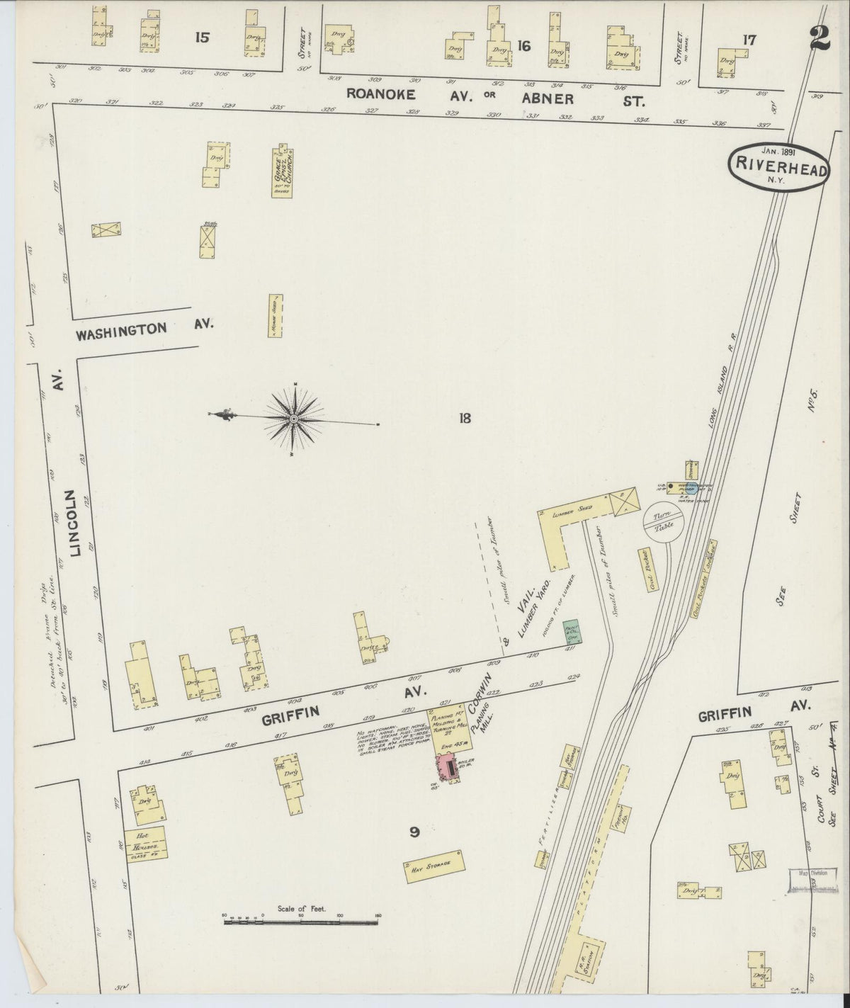 Sanborn Fire Insurance Map from Riverhead, Suffolk County, New York (1891), Sheet #0002 - Historic Sanborn Fire Insurance Map Print, vintage old map wall art, antique decor, genealogy gift, New York New York map