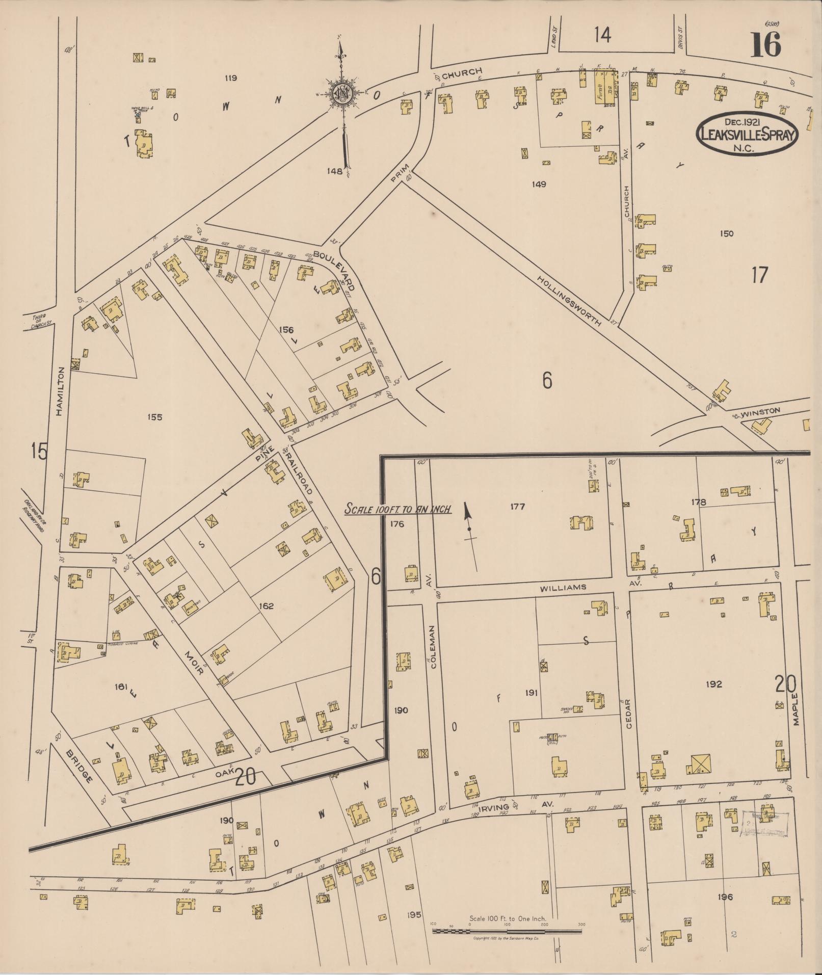 Sanborn Fire Insurance Map from Leaksville-spray, Rockingham County, North Carolina (1921), Sheet #0016 - Historic Sanborn Fire Insurance Map Print, vintage old map wall art, antique decor, genealogy gift, North Carolina North Carolina map