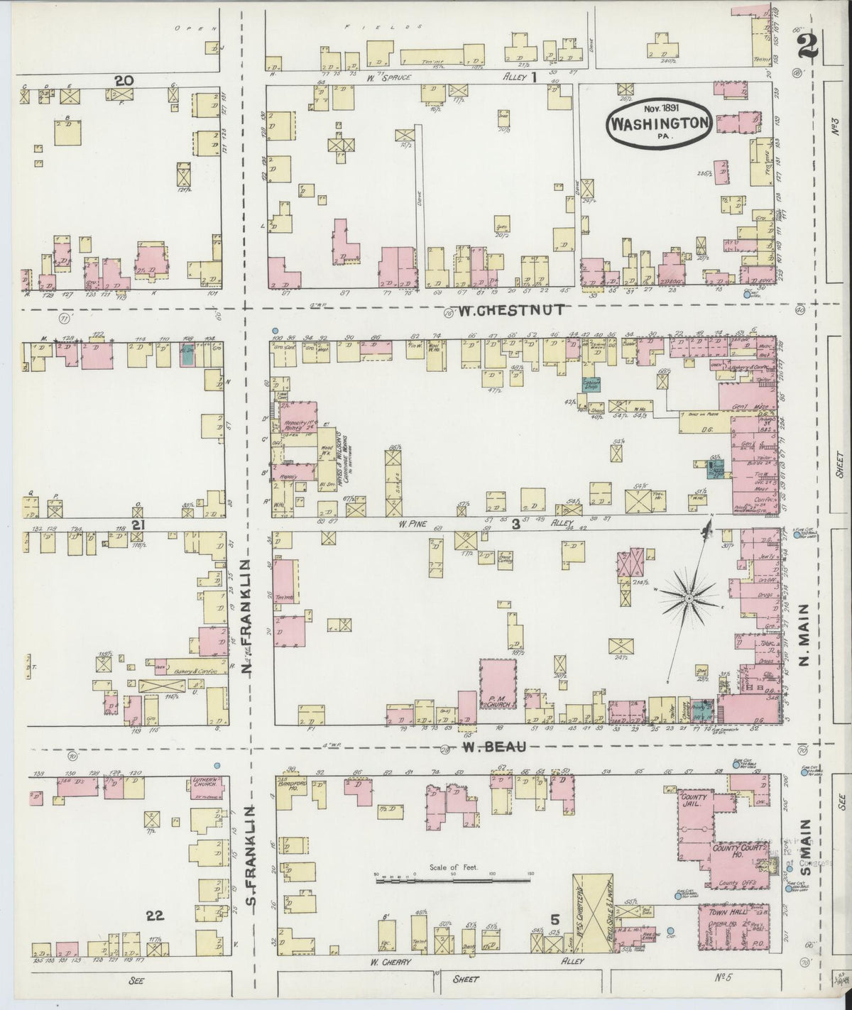 Sanborn Fire Insurance Map from Washington, Washington County, Pennsylvania (1891), Sheet #0002 - Historic Sanborn Fire Insurance Map Print, vintage old map wall art, antique decor, genealogy gift, Pennsylvania Pennsylvania map