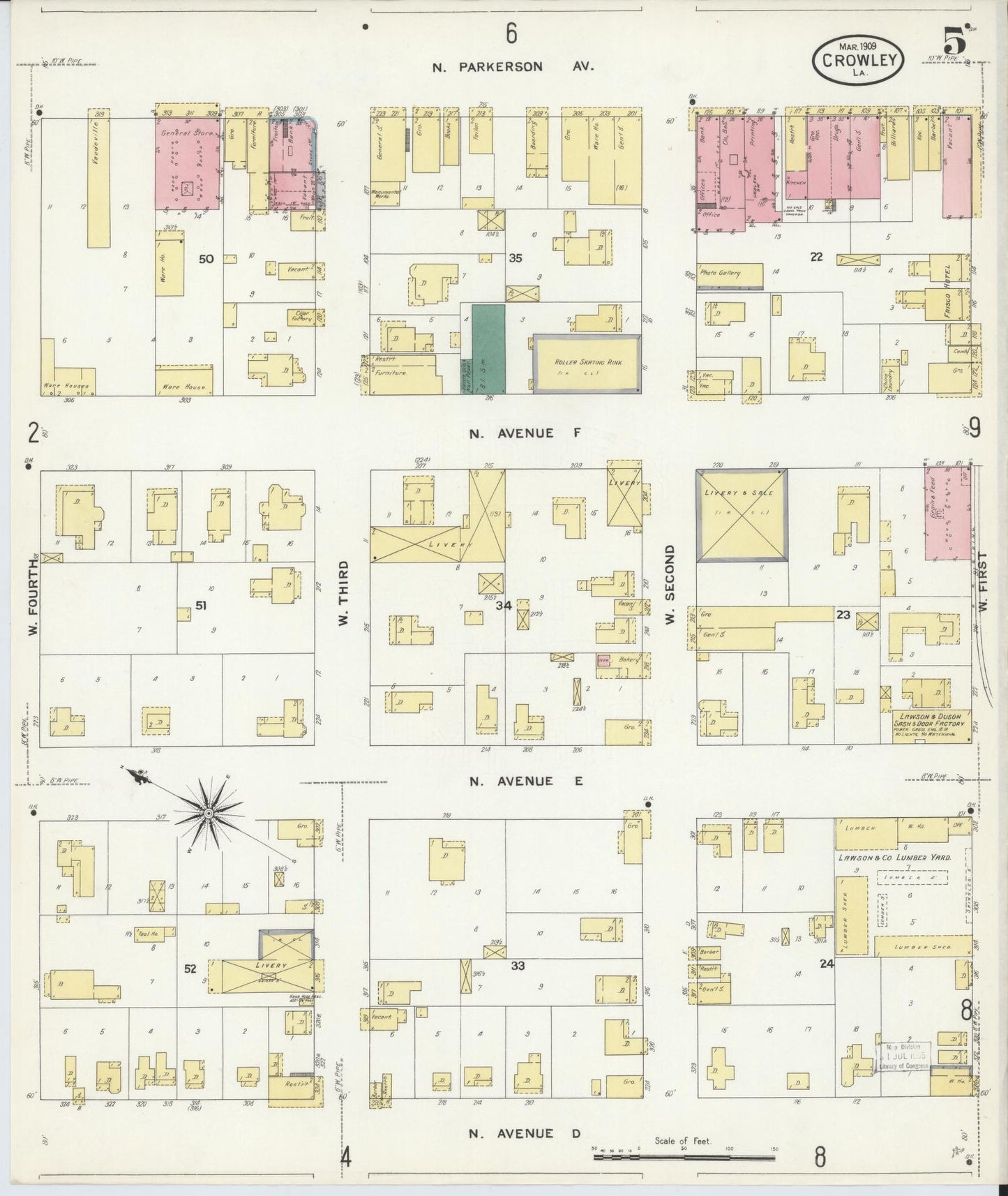 Sanborn Fire Insurance Map from Crowley, Acadia Parish, Louisiana (1909), Sheet #0005 - Complete Map Set gallery image, historic Sanborn map, vintage wall art, Louisiana Louisiana