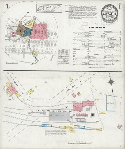 Sanborn Fire Insurance Map from La Follette, Campbell County, Tennessee (1925), Sheet #0001 - Complete Map Set gallery image, historic Sanborn map, vintage wall art, Tennessee Tennessee