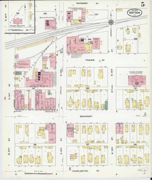 Sanborn Fire Insurance Map from Mattoon, Coles County, Illinois (1909), Sheet #0005 - Historic Sanborn Fire Insurance Map Print, vintage old map wall art, antique decor, genealogy gift, Illinois Illinois map