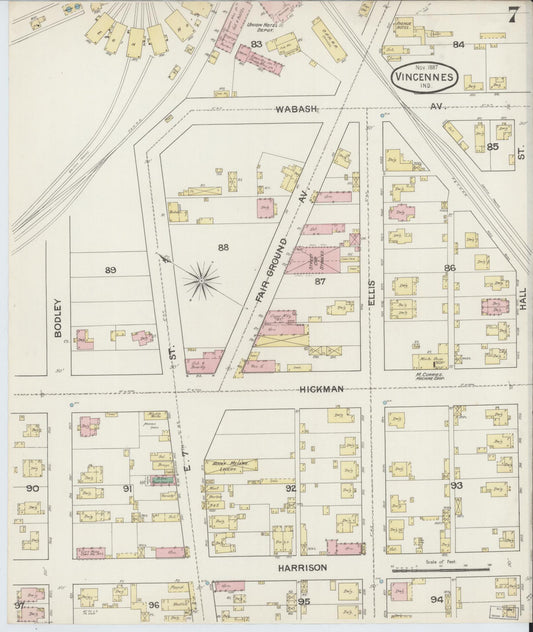 Sanborn Fire Insurance Map from Vincennes, Knox County, Indiana (1887), Sheet #0007 - Historic Sanborn Fire Insurance Map Print, vintage old map wall art, antique decor, genealogy gift, Indiana Indiana map
