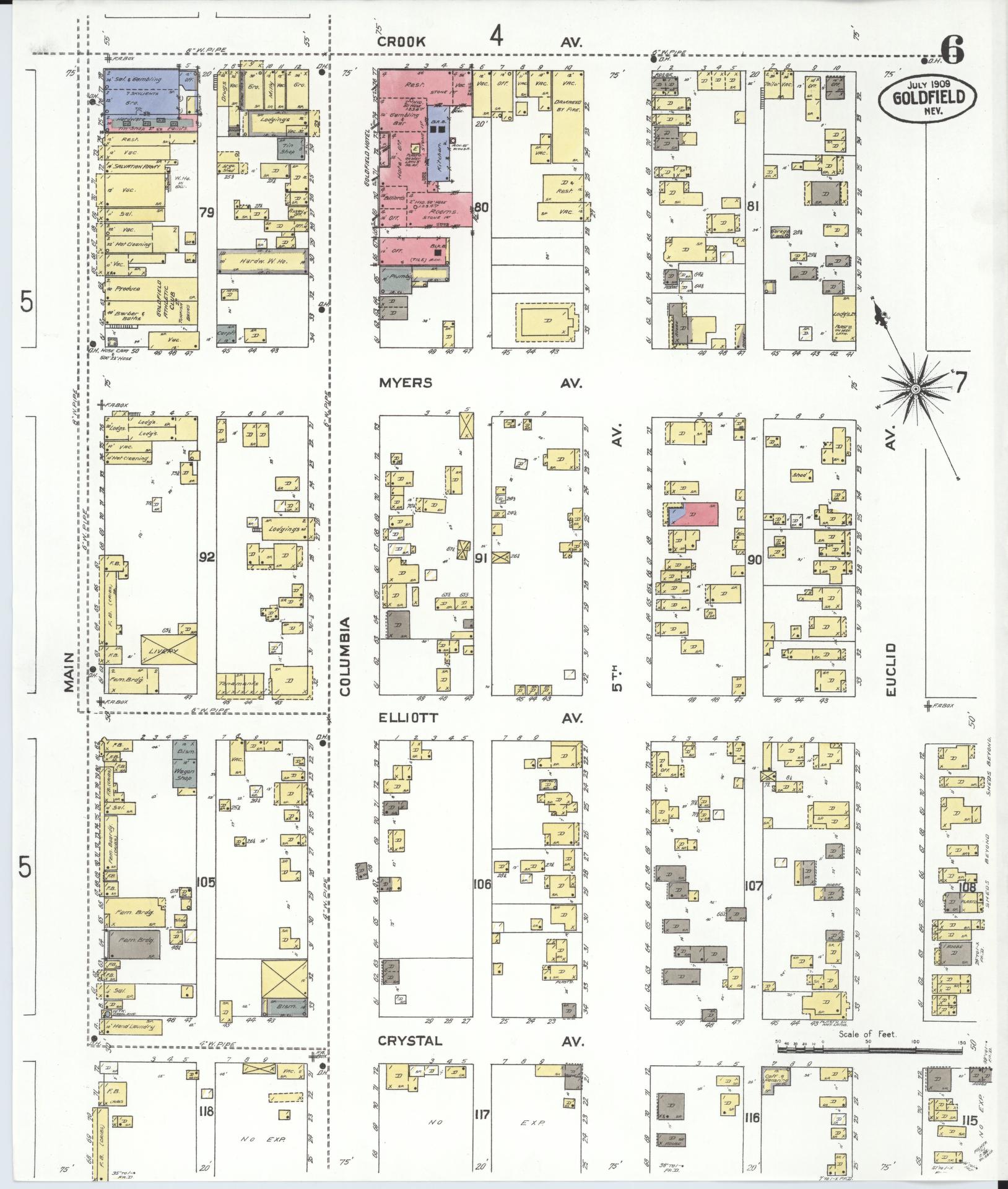 Sanborn Fire Insurance Map from Goldfield, Esmeralda County, Nevada (1909), Sheet #0006 - Historic Sanborn Fire Insurance Map Print, vintage old map wall art, antique decor, genealogy gift, Nevada Nevada map