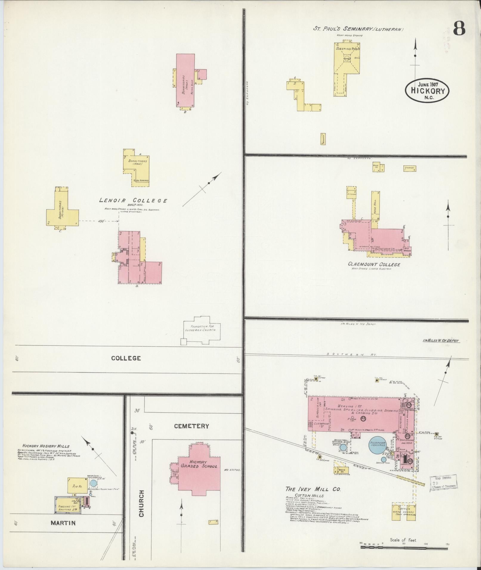 Sanborn Fire Insurance Map from Hickory, Catawba County, North Carolina (1907), Sheet #0008 - Historic Sanborn Fire Insurance Map Print, vintage old map wall art, antique decor, genealogy gift, North Carolina North Carolina map