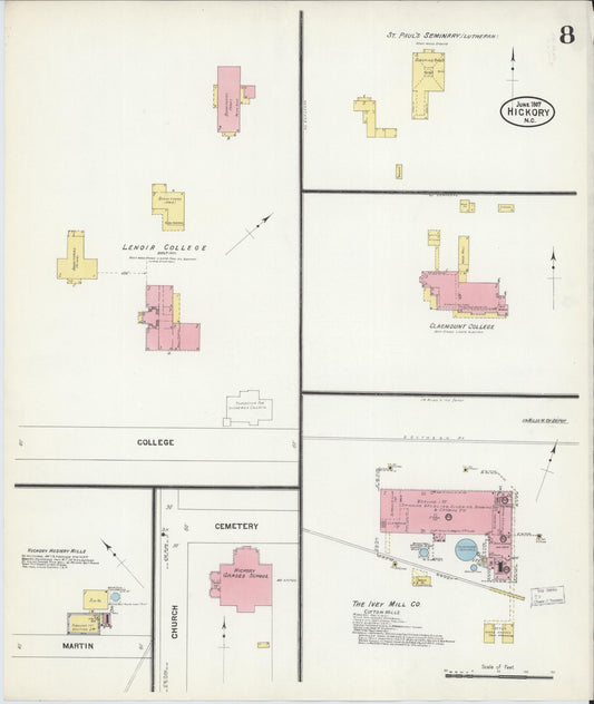 Sanborn Fire Insurance Map from Hickory, Catawba County, North Carolina (1907), Sheet #0008 - Historic Sanborn Fire Insurance Map Print, vintage old map wall art, antique decor, genealogy gift, North Carolina North Carolina map