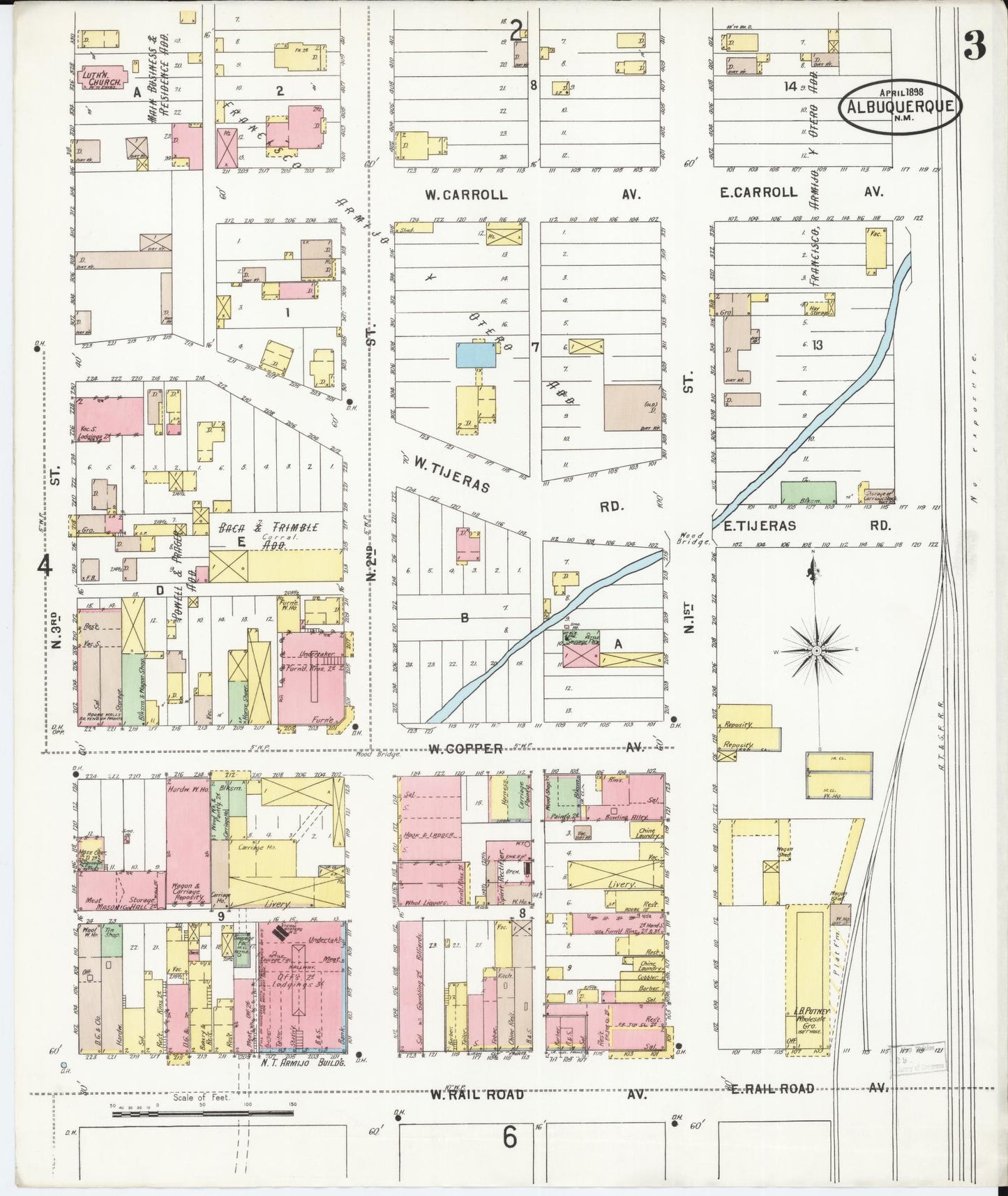 Sanborn Fire Insurance Map from Albuquerque, Bernalillo County, New Mexico (1898), Sheet #0003 - Complete Map Set gallery image, historic Sanborn map, vintage wall art, New Mexico New Mexico