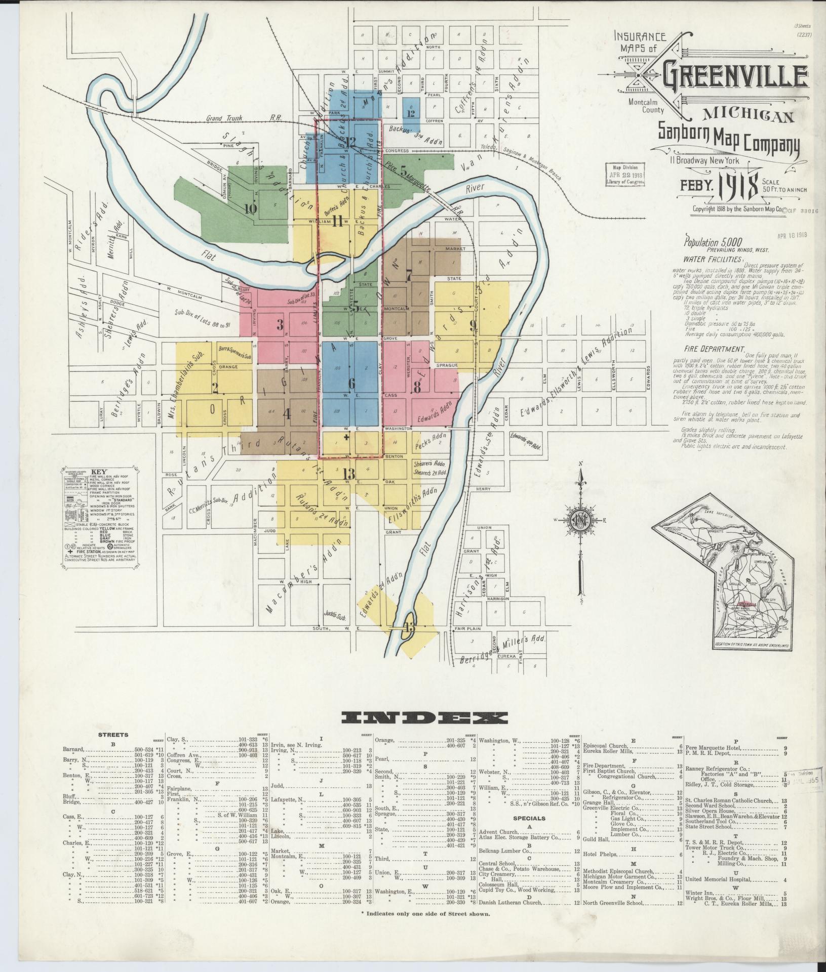 Sanborn Fire Insurance Map from Greenville, Montcalm County, Michigan (1918), Sheet #0001 - Complete Map Set gallery image, historic Sanborn map, vintage wall art, Michigan Michigan