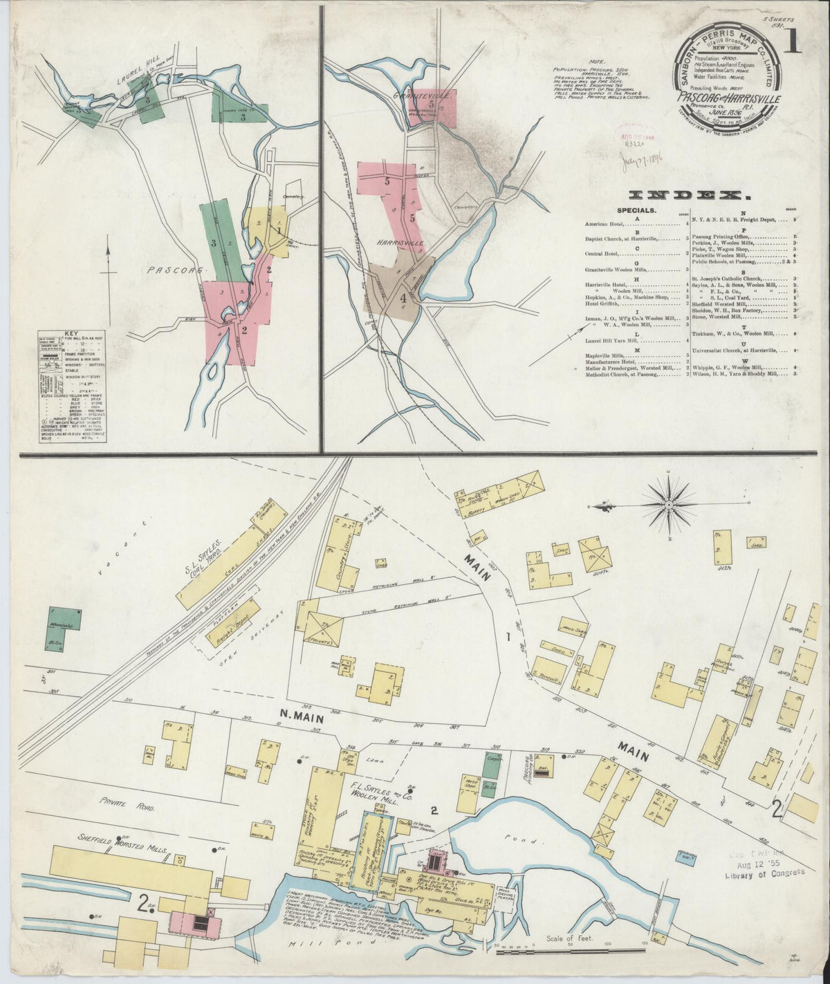 Sanborn Fire Insurance Map from Pascoag, Providence County, Rhode Island (1896), Sheet #0001 - Historic Sanborn Fire Insurance Map Print, vintage old map wall art, antique decor, genealogy gift, Rhode Island Rhode Island map