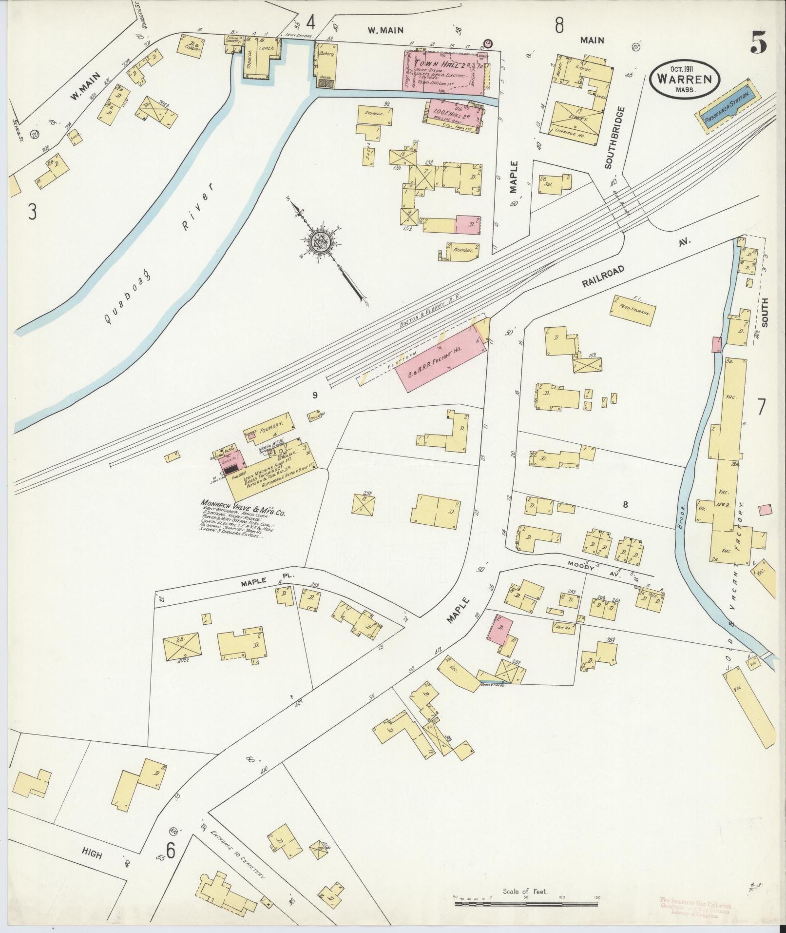 Sanborn Fire Insurance Map from Warren, Worcester County, Massachusetts (1911), Sheet #0005 - Historic Sanborn Fire Insurance Map Print, vintage old map wall art, antique decor, genealogy gift, Massachusetts Massachusetts map