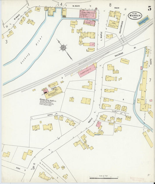 Sanborn Fire Insurance Map from Warren, Worcester County, Massachusetts (1911), Sheet #0005 - Historic Sanborn Fire Insurance Map Print, vintage old map wall art, antique decor, genealogy gift, Massachusetts Massachusetts map