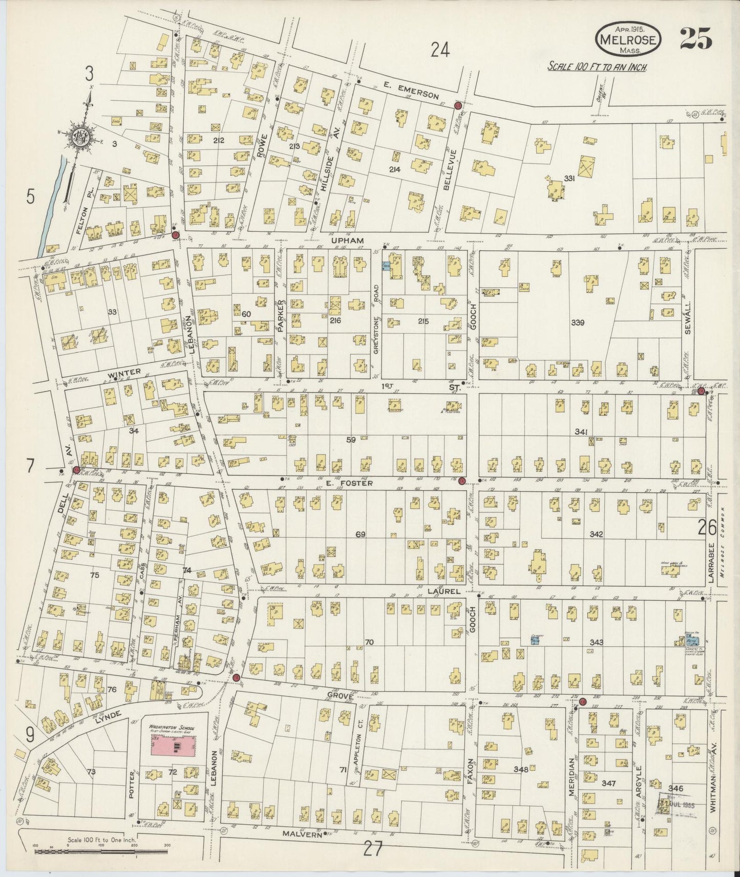 Sanborn Fire Insurance Map from Melrose, Middlesex County, Massachusetts (1915), Sheet #0025 - Historic Sanborn Fire Insurance Map Print, vintage old map wall art, antique decor, genealogy gift, Massachusetts Massachusetts map