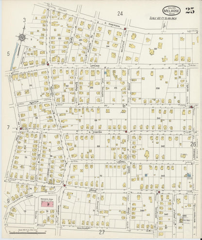 Sanborn Fire Insurance Map from Melrose, Middlesex County, Massachusetts (1915), Sheet #0025 - Historic Sanborn Fire Insurance Map Print, vintage old map wall art, antique decor, genealogy gift, Massachusetts Massachusetts map