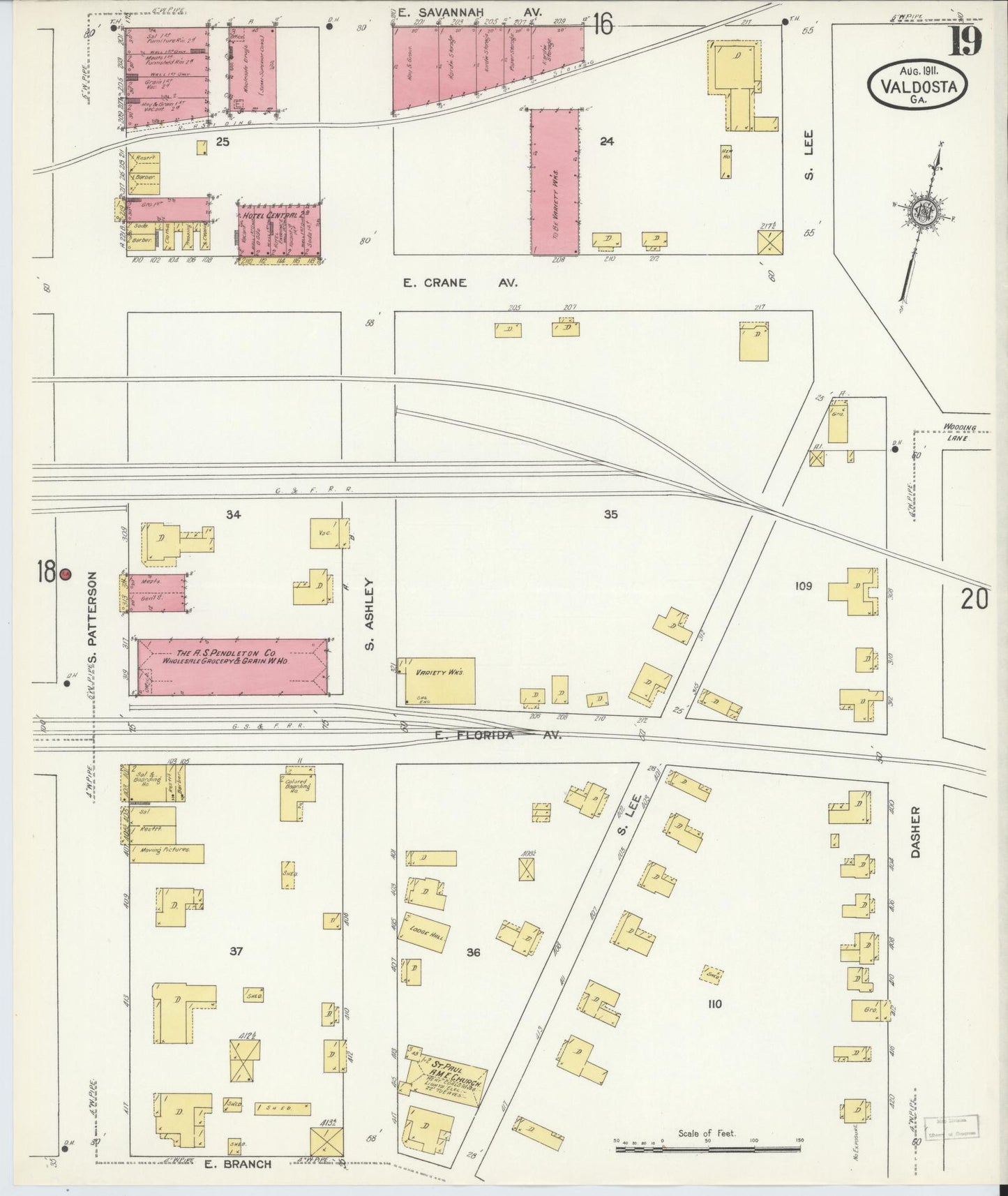 Sanborn Fire Insurance Map from Valdosta, Lowndes County, Georgia (1911), Sheet #0019 - Complete Map Set gallery image, historic Sanborn map, vintage wall art, Georgia Georgia