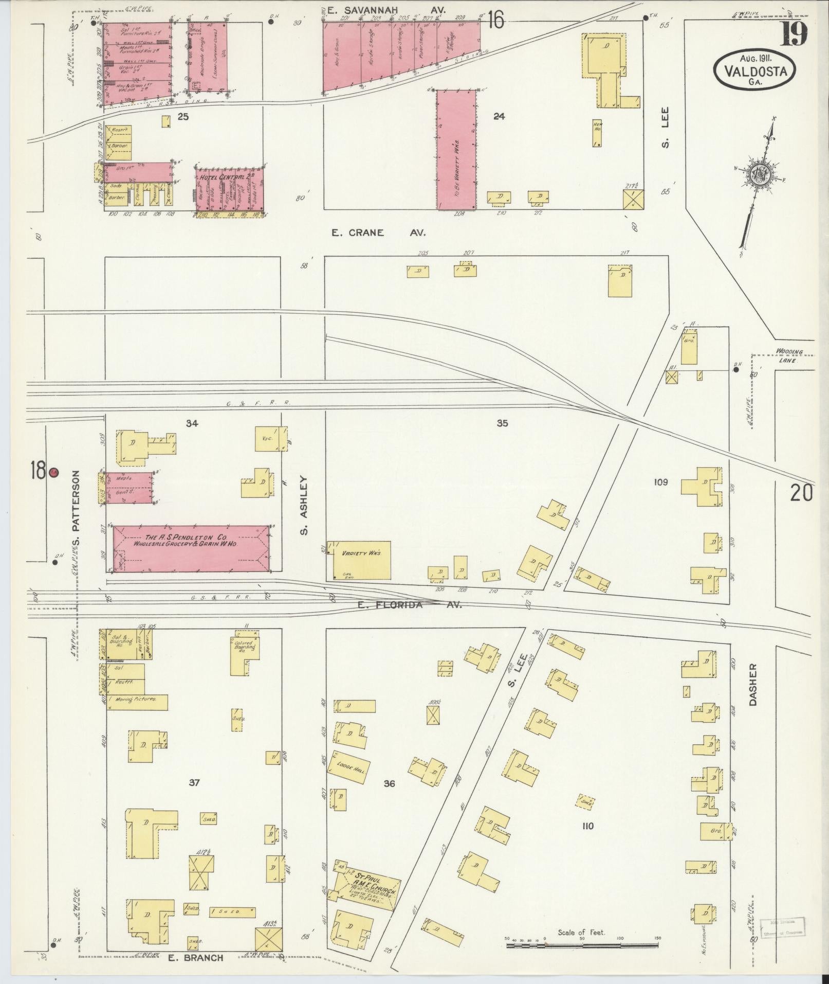 Sanborn Fire Insurance Map from Valdosta, Lowndes County, Georgia (1911), Sheet #0019 - Complete Map Set gallery image, historic Sanborn map, vintage wall art, Georgia Georgia