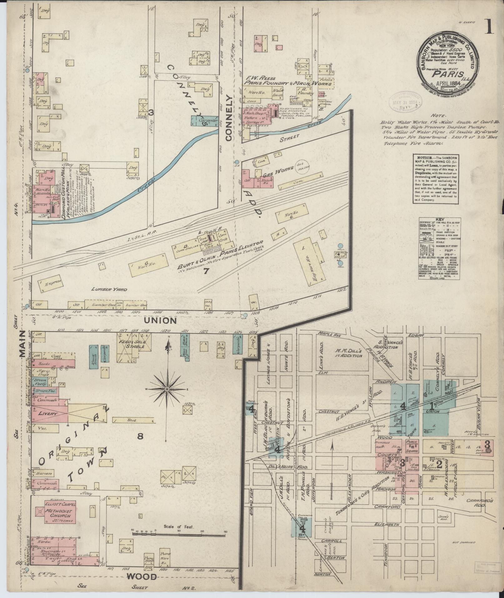 Sanborn Fire Insurance Map from Paris, Edgar County, Illinois (1884), Sheet #0001 - Historic Sanborn Fire Insurance Map Print, vintage old map wall art, antique decor, genealogy gift, Illinois Illinois map