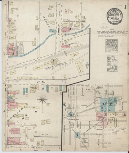 Sanborn Fire Insurance Map from Paris, Edgar County, Illinois (1884), Sheet #0001 - Historic Sanborn Fire Insurance Map Print, vintage old map wall art, antique decor, genealogy gift, Illinois Illinois map