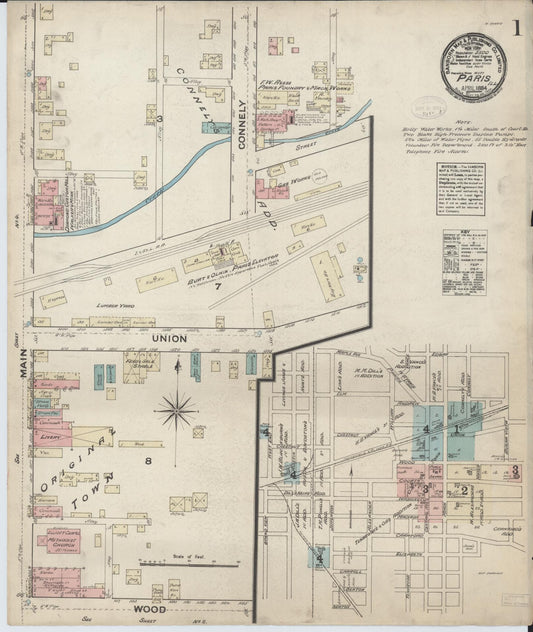 Sanborn Fire Insurance Map from Paris, Edgar County, Illinois (1884), Sheet #0001 - Historic Sanborn Fire Insurance Map Print, vintage old map wall art, antique decor, genealogy gift, Illinois Illinois map