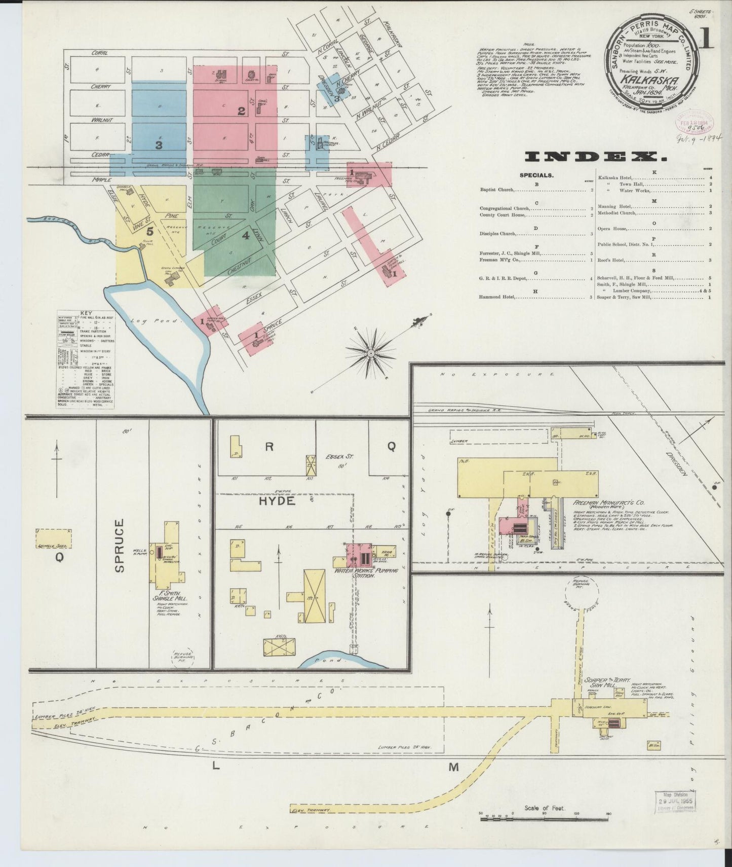 Sanborn Fire Insurance Map from Kalkaska, Kalkaska County, Michigan (1894), Sheet #0001 - Historic Sanborn Fire Insurance Map Print, vintage old map wall art, antique decor, genealogy gift, Michigan Michigan map