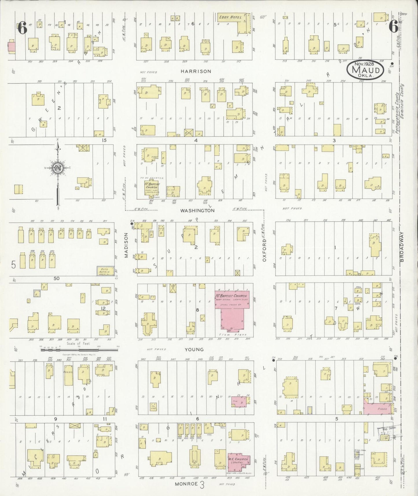 Sanborn Fire Insurance Map from Maud, Pottawatomie County, Oklahoma (1928), Sheet #0006 - Complete Map Set gallery image, historic Sanborn map, vintage wall art, Oklahoma Oklahoma