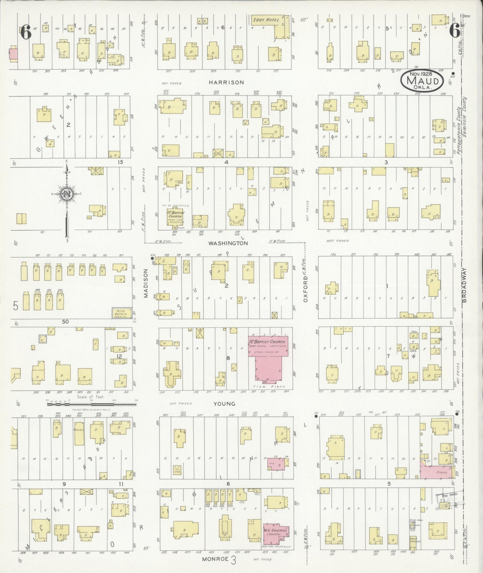 Sanborn Fire Insurance Map from Maud, Pottawatomie County, Oklahoma (1928), Sheet #0006 - Complete Map Set gallery image, historic Sanborn map, vintage wall art, Oklahoma Oklahoma