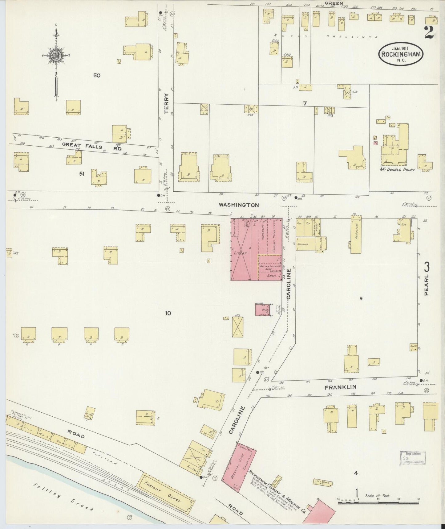 Sanborn Fire Insurance Map from Rockingham, Richmond County, North Carolina (1911), Sheet #0002 - Historic Sanborn Fire Insurance Map Print, vintage old map wall art, antique decor, genealogy gift, North Carolina North Carolina map