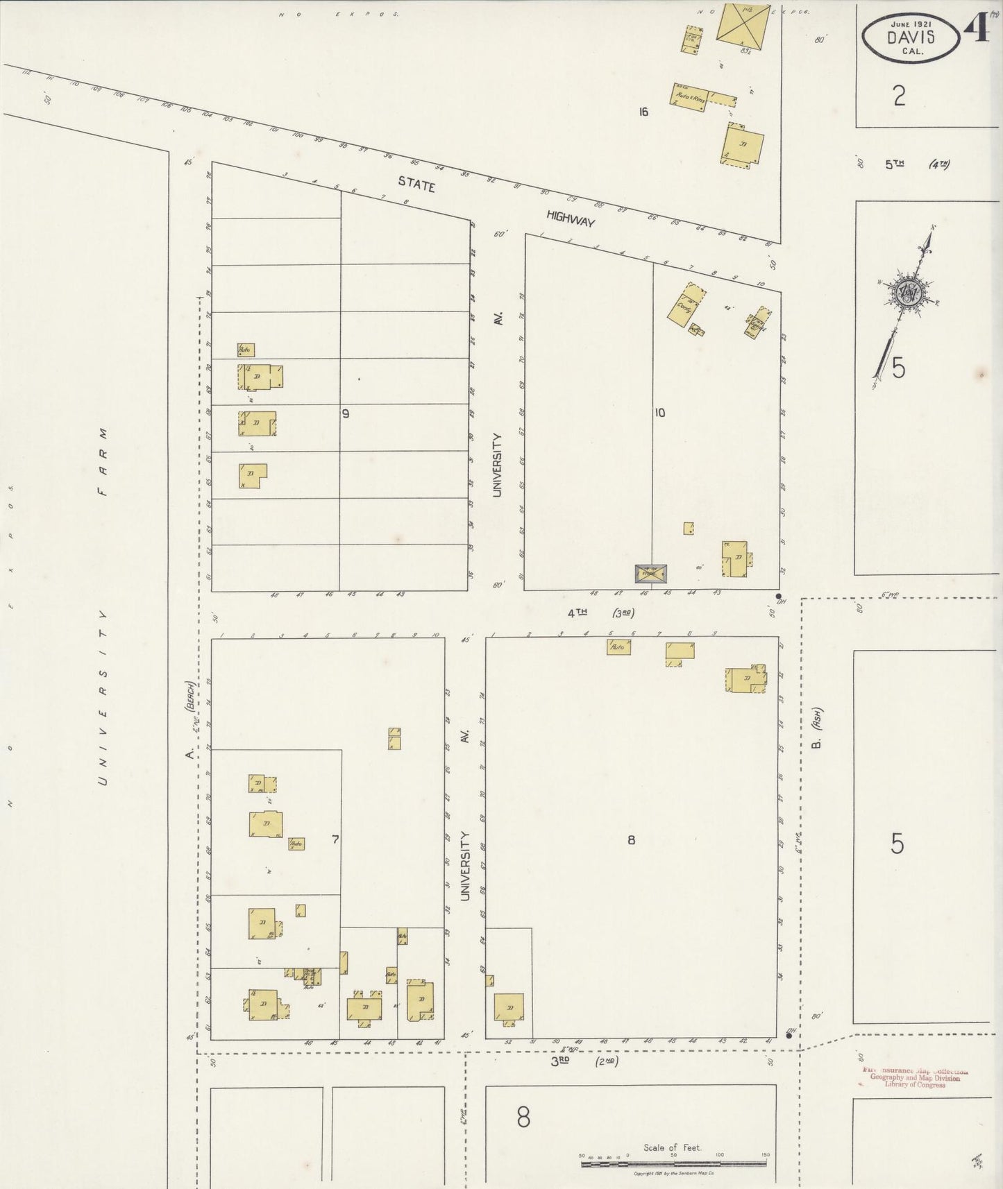 Sanborn Fire Insurance Map from Davis, Yolo County, California (1921), Sheet #0004 - Historic Sanborn Fire Insurance Map Print, vintage old map wall art, antique decor, genealogy gift, California California map