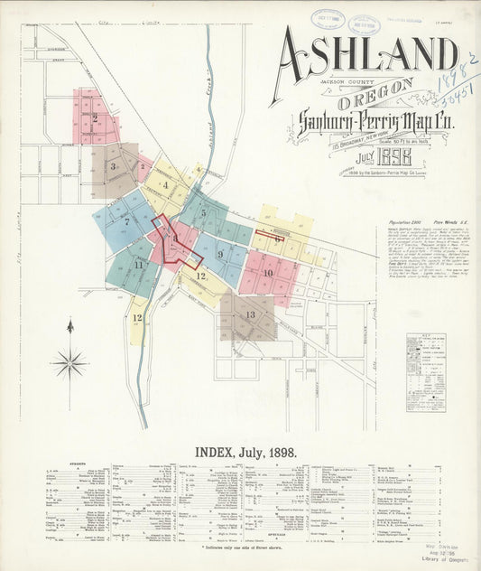 Sanborn Fire Insurance Map from Ashland, Jackson County, Oregon (1898), Sheet #0001 - Historic Sanborn Fire Insurance Map Print, vintage old map wall art, antique decor, genealogy gift, Oregon Oregon map
