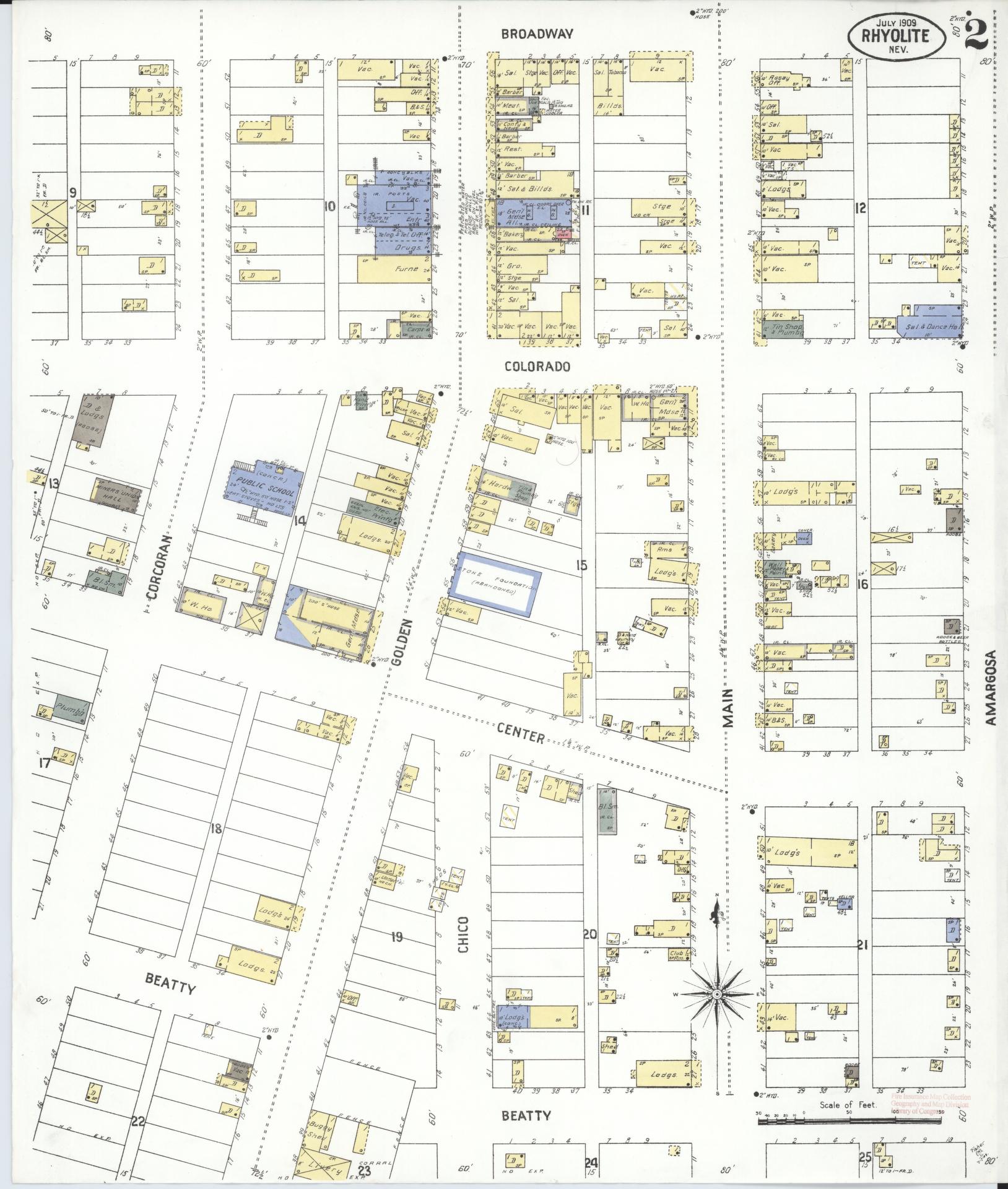 Sanborn Fire Insurance Map from Rhyolite, Nye County, Nevada (1909), Sheet #0002 - Complete Map Set gallery image, historic Sanborn map, vintage wall art, Nevada Nevada