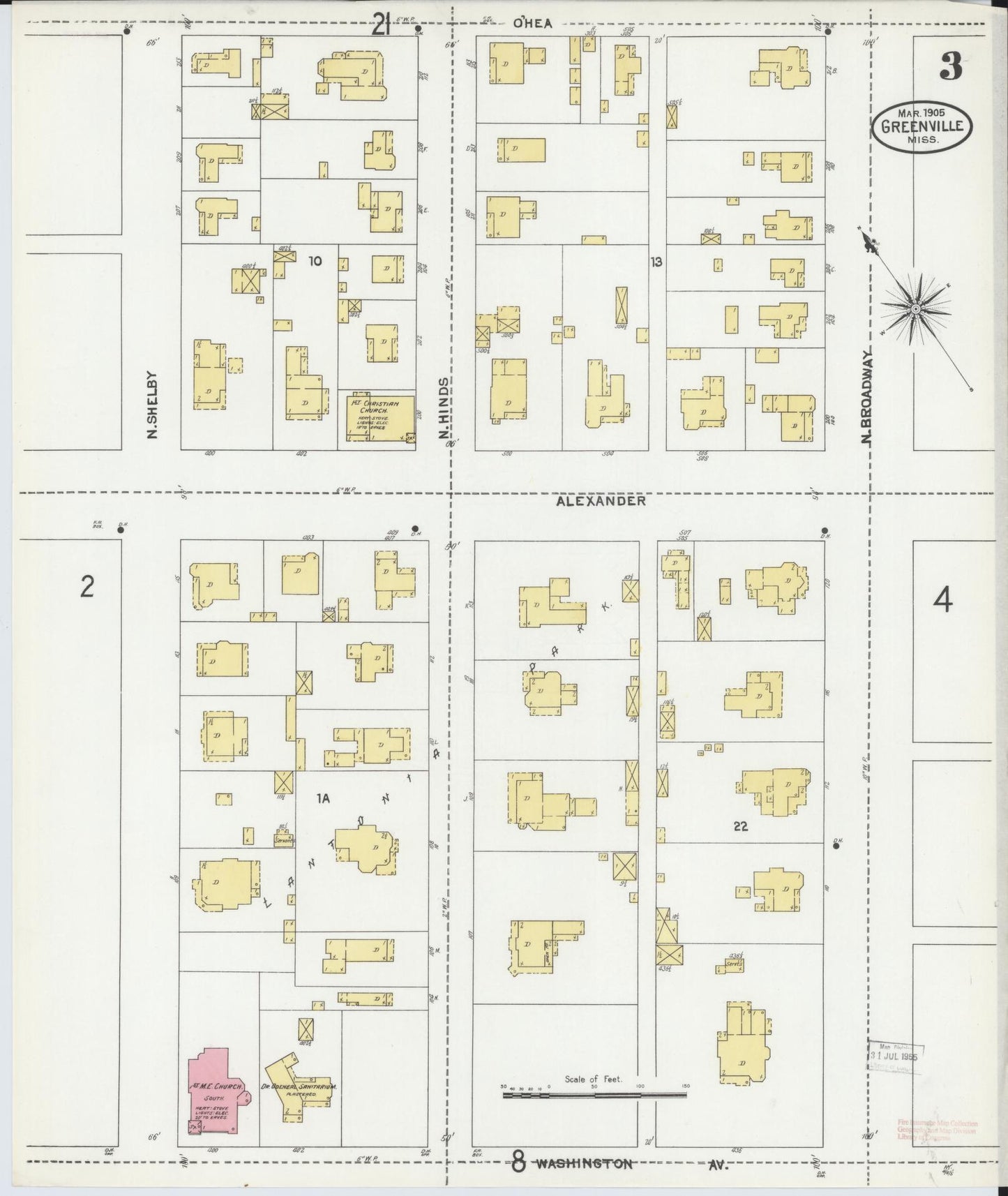 Sanborn Fire Insurance Map from Greenville, Washington County, Mississippi (1905), Sheet #0003 - Historic Sanborn Fire Insurance Map Print, vintage old map wall art, antique decor, genealogy gift, Mississippi Mississippi map
