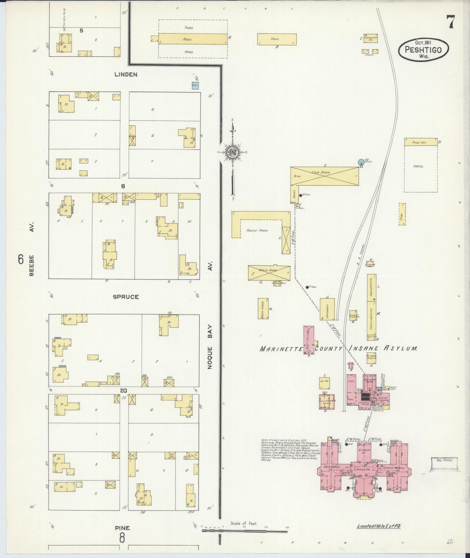 Sanborn Fire Insurance Map from Peshtigo, Marinette County, Wisconsin (1911), Sheet #0007 - Historic Sanborn Fire Insurance Map Print, vintage old map wall art, antique decor, genealogy gift, Wisconsin Wisconsin map