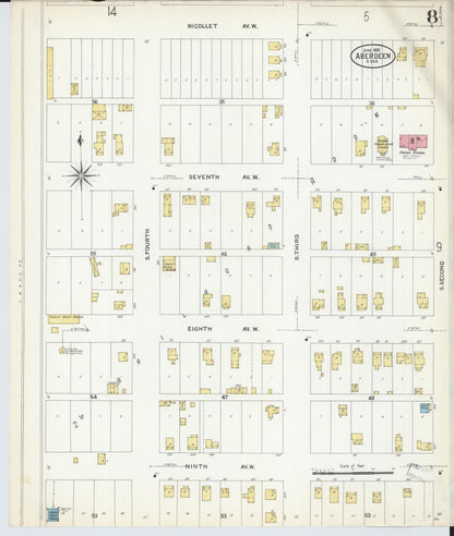 Sanborn Fire Insurance Map from Aberdeen, Brown County, South Dakota (1908), Sheet #0008 - Complete Map Set gallery image, historic Sanborn map, vintage wall art, South Dakota South Dakota