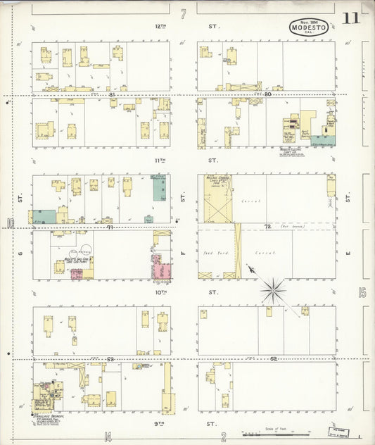 Sanborn Fire Insurance Map from Modesto, Stanislaus County, California (1894), Sheet #0011 - Historic Sanborn Fire Insurance Map Print, vintage old map wall art, antique decor, genealogy gift, California California map