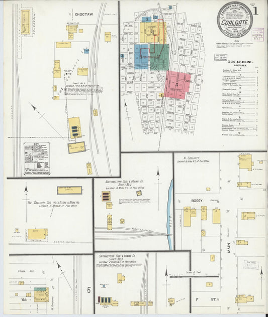 Sanborn Fire Insurance Map from Coalgate, Coal County, Oklahoma (1904), Sheet #0001 - Complete Map Set gallery image, historic Sanborn map, vintage wall art, Oklahoma Oklahoma
