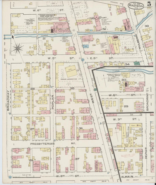 Sanborn Fire Insurance Map from Madison, Jefferson County, Indiana (1886), Sheet #0005 - Historic Sanborn Fire Insurance Map Print, vintage old map wall art, antique decor, genealogy gift, Indiana Indiana map