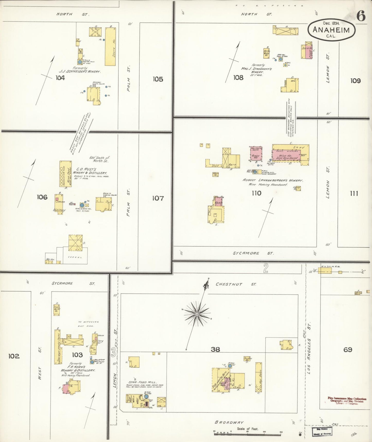 Sanborn Fire Insurance Map from Anaheim, Orange County, California (1894), Sheet #0006 - Historic Sanborn Fire Insurance Map Print, vintage old map wall art, antique decor, genealogy gift, California California map