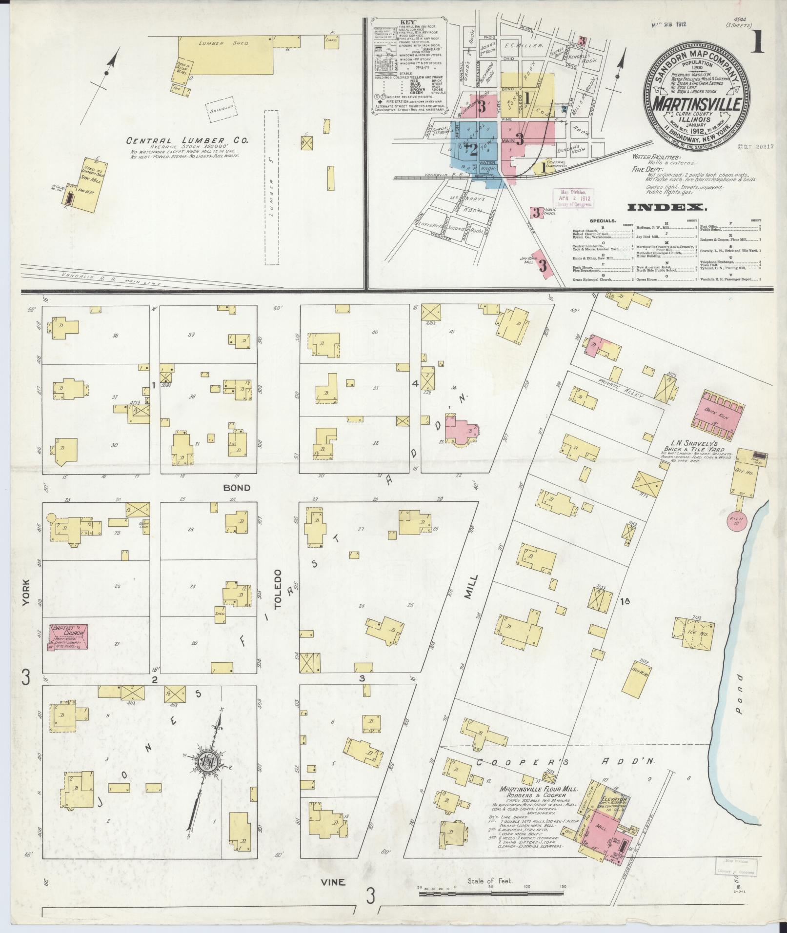 Sanborn Fire Insurance Map from Martinsville, Clark County, Illinois (1912), Sheet #0001 - Complete Map Set gallery image, historic Sanborn map, vintage wall art, Illinois Illinois