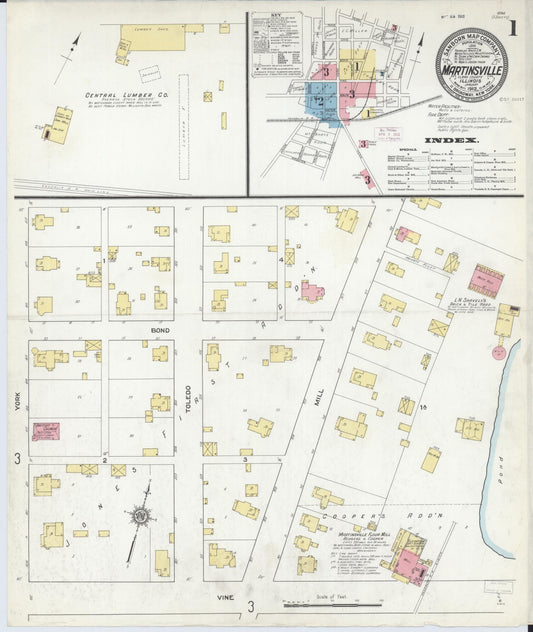 Sanborn Fire Insurance Map from Martinsville, Clark County, Illinois (1912), Sheet #0001 - Complete Map Set gallery image, historic Sanborn map, vintage wall art, Illinois Illinois