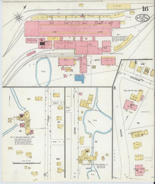 Sanborn Fire Insurance Map from Bristol, Hartford County, Connecticut (1905), Sheet #0016 - Historic Sanborn Fire Insurance Map Print, vintage old map wall art, antique decor, genealogy gift, Connecticut Connecticut map