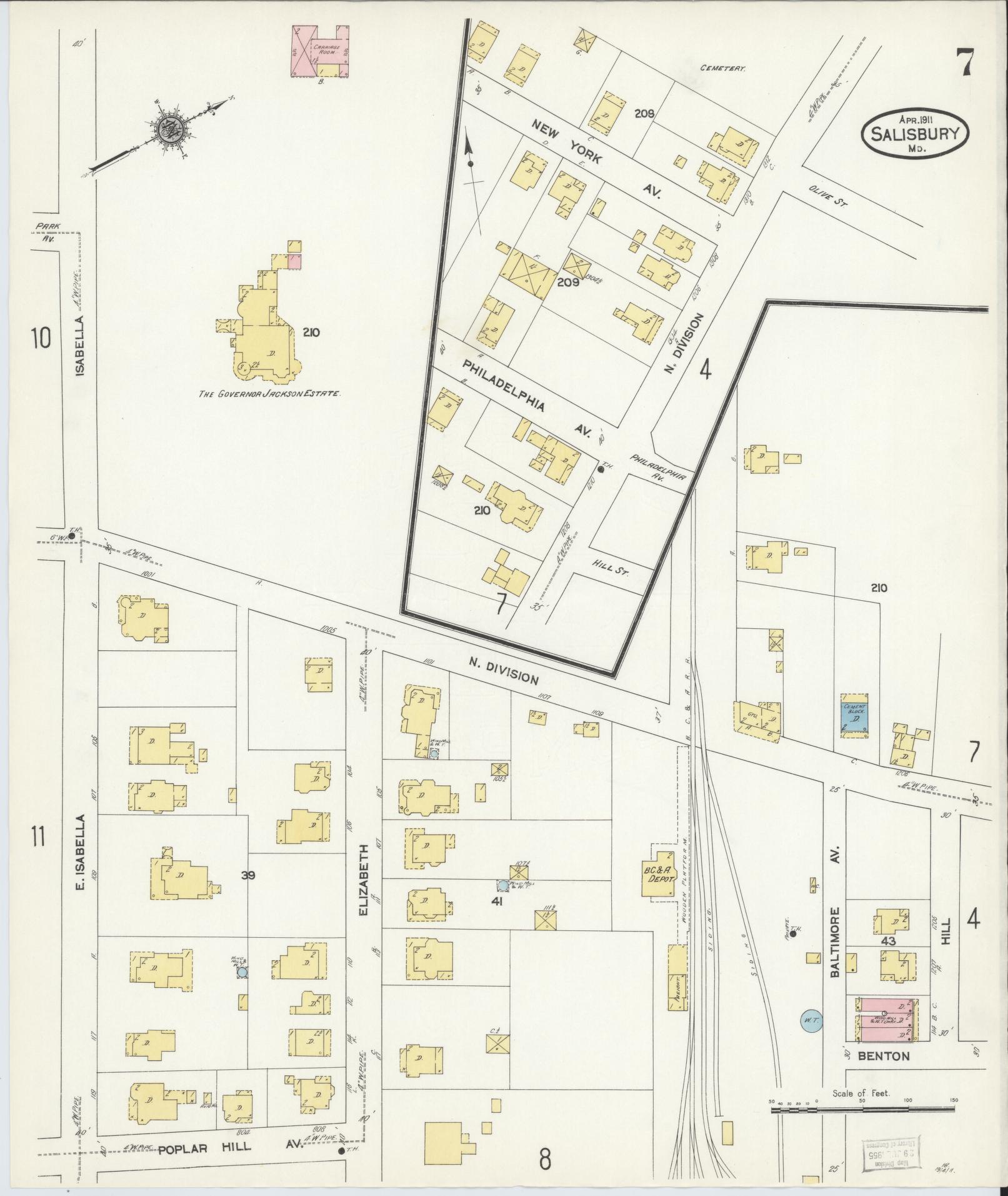 Sanborn Fire Insurance Map from Salisbury, Wicomico County, Maryland (1911), Sheet #0007 - Historic Sanborn Fire Insurance Map Print, vintage old map wall art