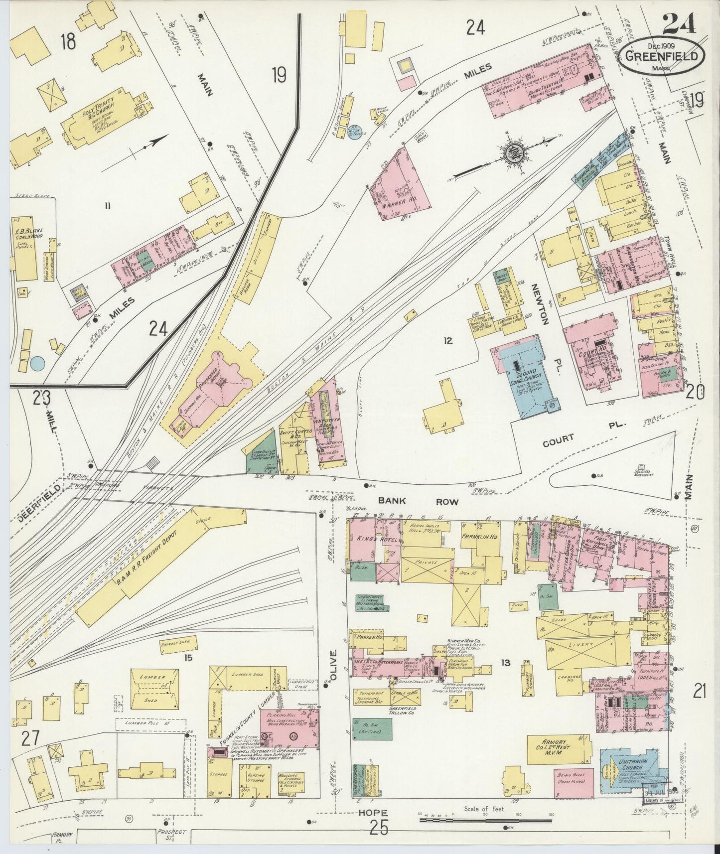 Sanborn Fire Insurance Map from Greenfield, Franklin County, Massachusetts (1909), Sheet #0024 - Complete Map Set gallery image, historic Sanborn map, vintage wall art, Massachusetts Massachusetts